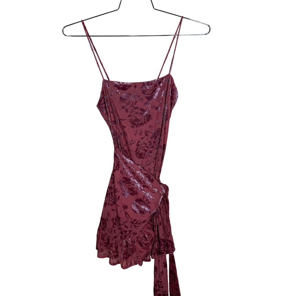 Free People Intimately Floral Burnout Velvet Wrap Mini Dress Wine XS